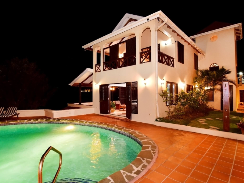 St. Lucia Real Estate Cliffside Oceanview Estate poolside at night